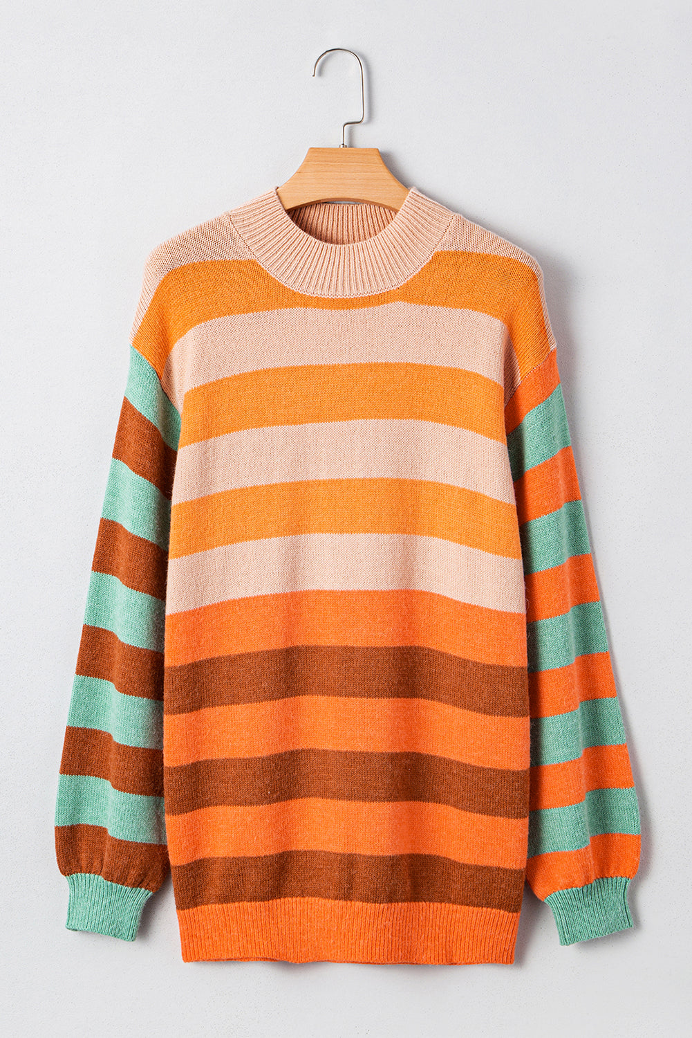 Orange Stripe Color Block High Neck Drop Shoulder Cozy Sweater