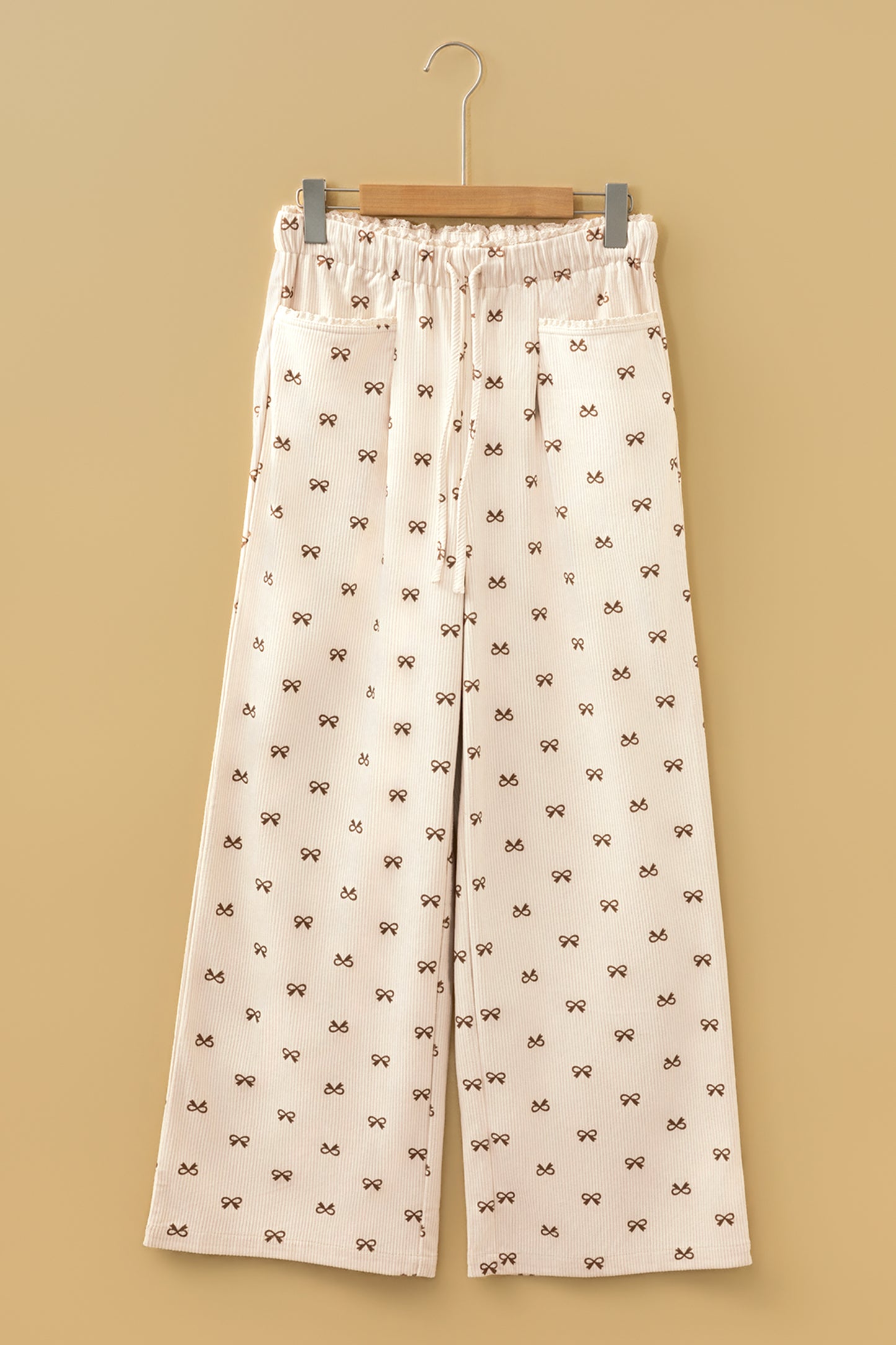 Apricot Bow Print Drawstring Elastic Waist Loose Corduroy Pants