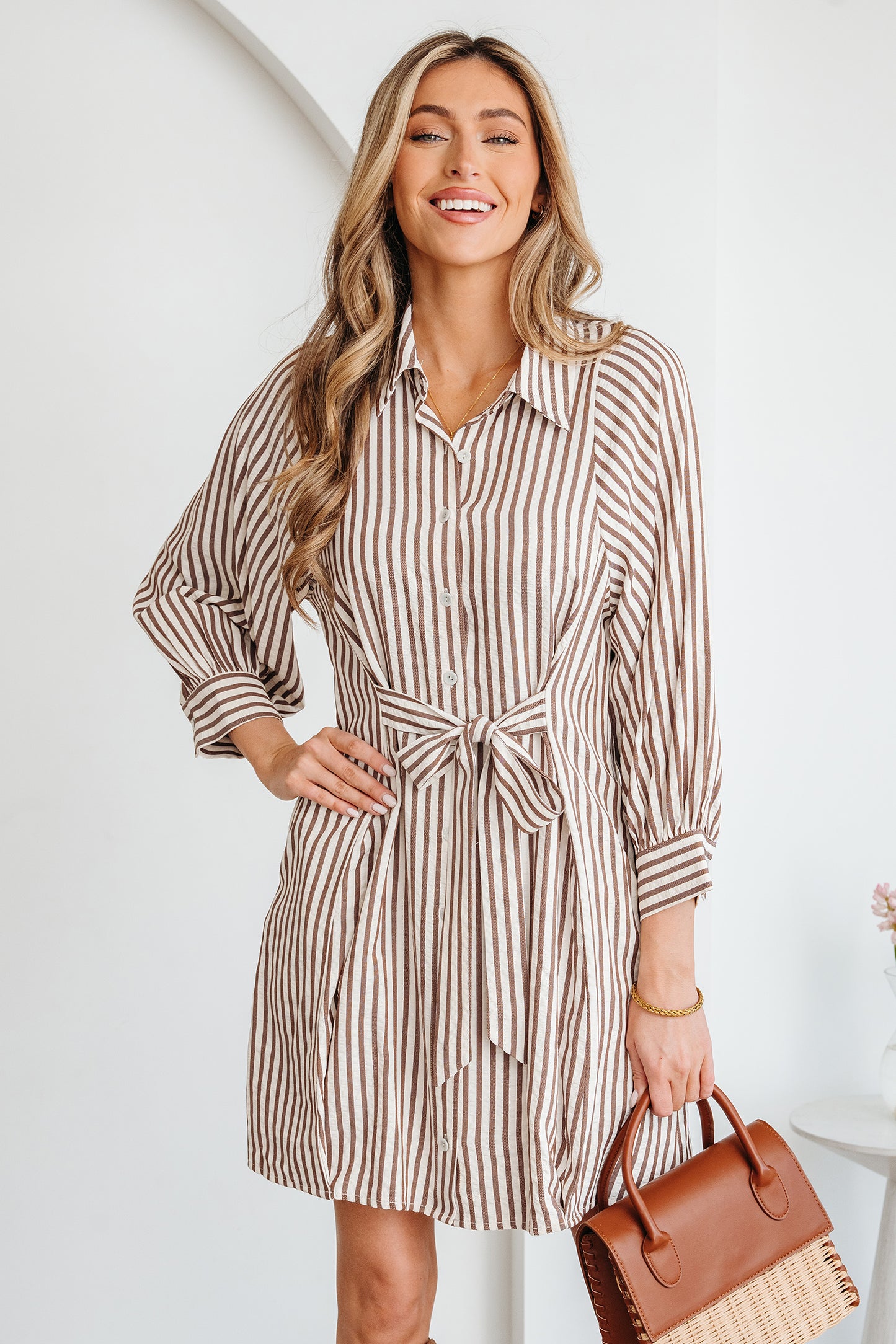 Brown Stripe Knot Waist Puff Sleeve Button Down Mini Shirt Dress