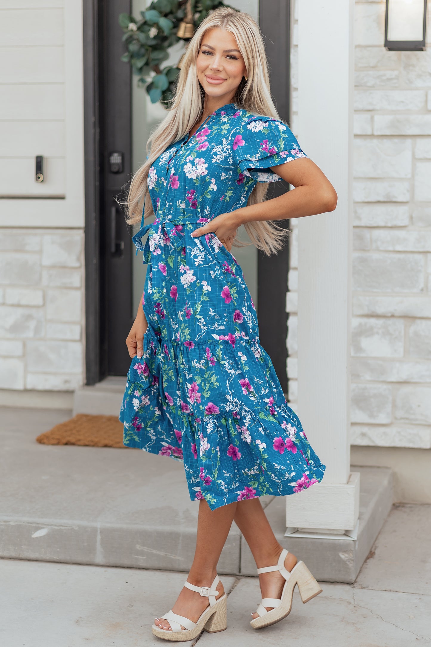 Blue Floral Flutter Sleeve Button Tie Split Neck Belted Long Dress