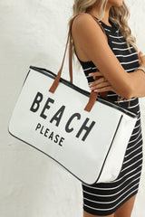 White BEACH PLEASE Print Large Canvas Tote Bag