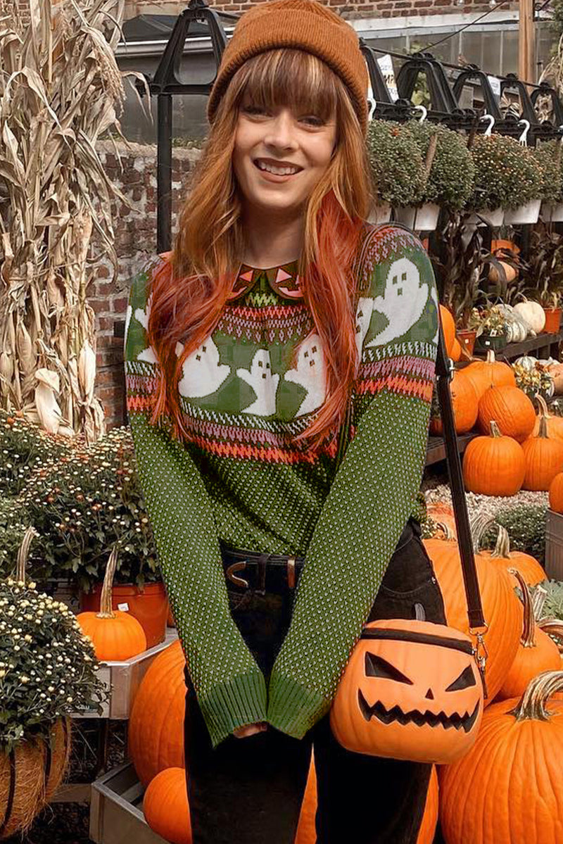 Jungle Green Halloween Ghost Pattern Drop Shoulder Sweater