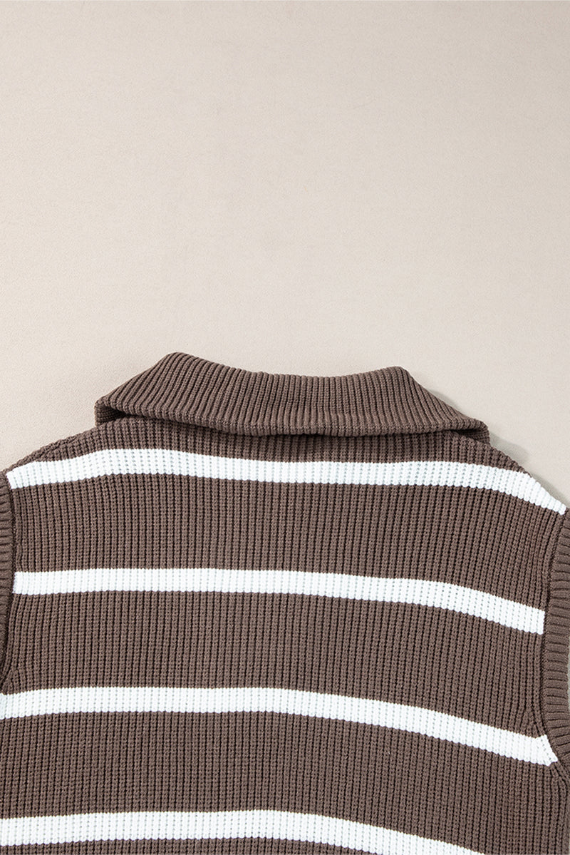 Brown Stripe Zipped Collar Cap Sleeve Knit Top