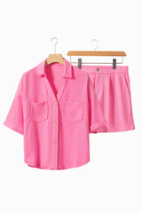 Bright Pink Textured Chest Pocket Half Sleeve Shirt Shorts Outfit