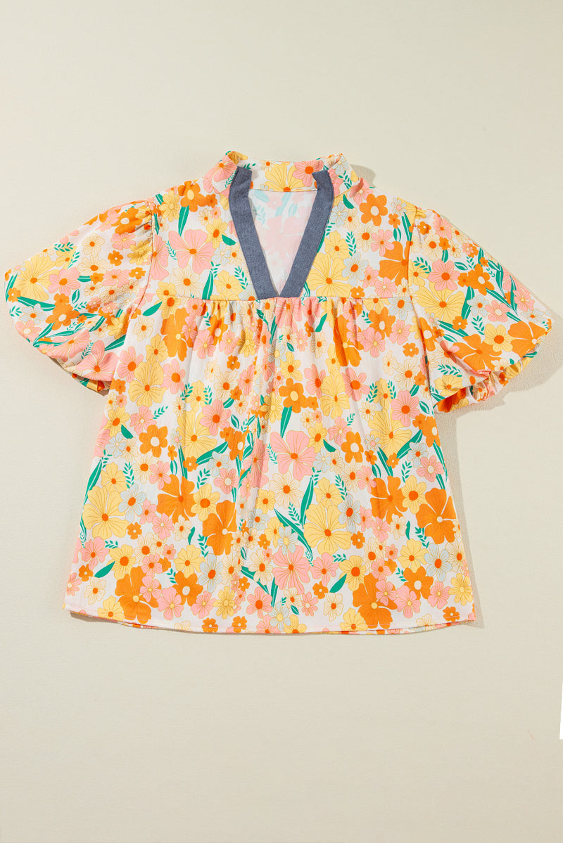 Multicolour Floral Print Bubble Sleeve V Neck Blouse