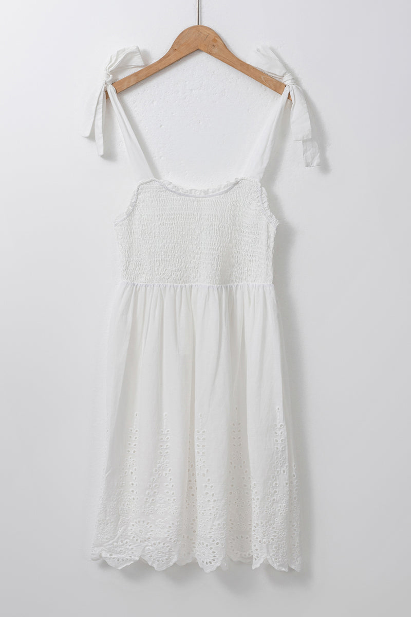 White Adjustable Tie Straps Smocked Mini Dress