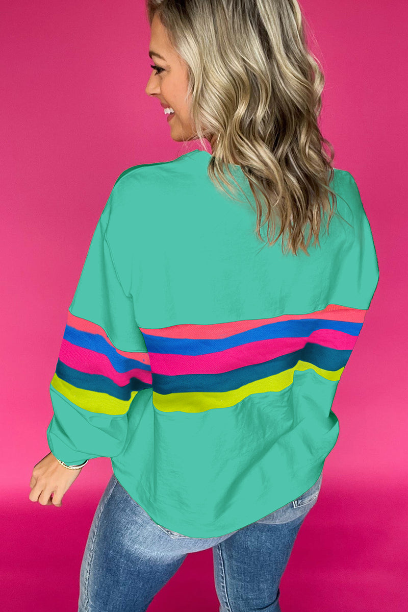 Green Colorful Striped Accent Long Sleeve T Shirt