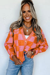 Orange Checkered Drop Shoulder Buttoned V Neck Cardigan