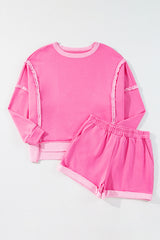 Sachet Pink High Low Patchwork Long Sleeve Top and Shorts Set