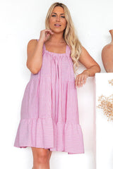 Pink Stripe Pinstriped Ruffled Hem Sleeveless Mini Flared Dress