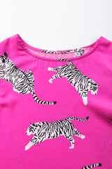 Rose Tiger Pattern Flutter Sleeve Crew Neck Blouse