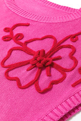 Bright Pink Corded Flower Embroidery Short Sleeve Knitwear Top