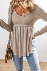 Smoke Gray Textured Long Sleeve V Neck Babydoll Top