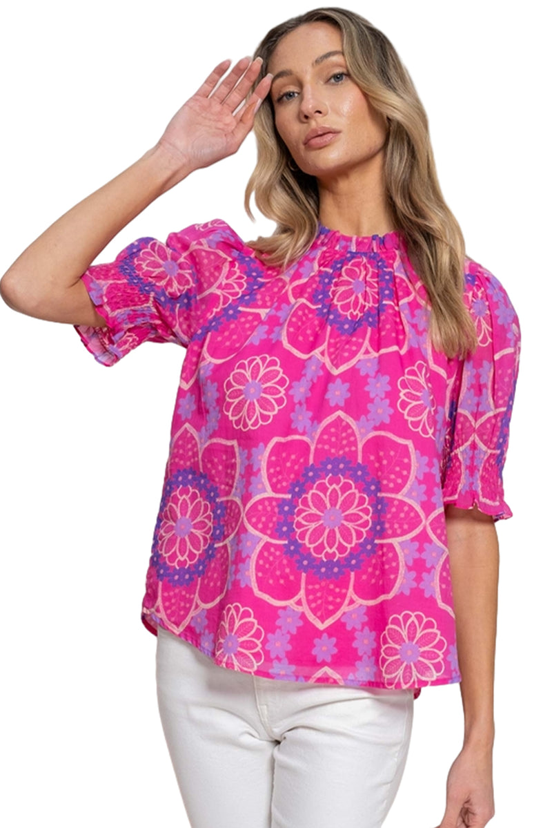 Rose Floral Print Frilled Neck Smocked Puff Sleeve Blouse