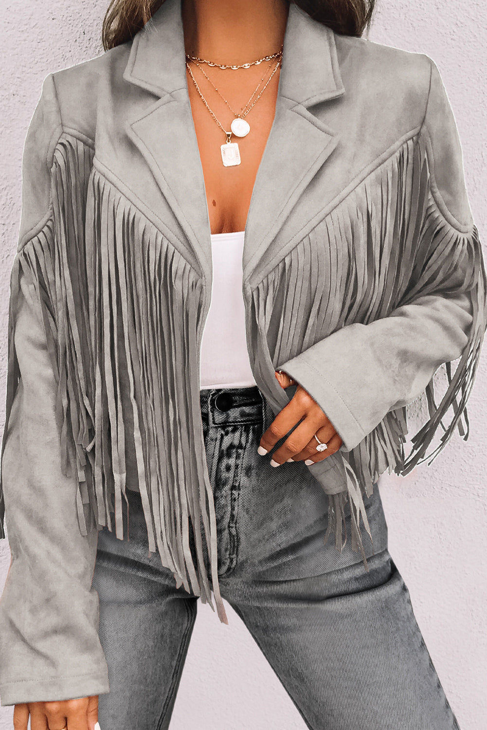 Gray Cropped Fringe Faux Suede Jacket