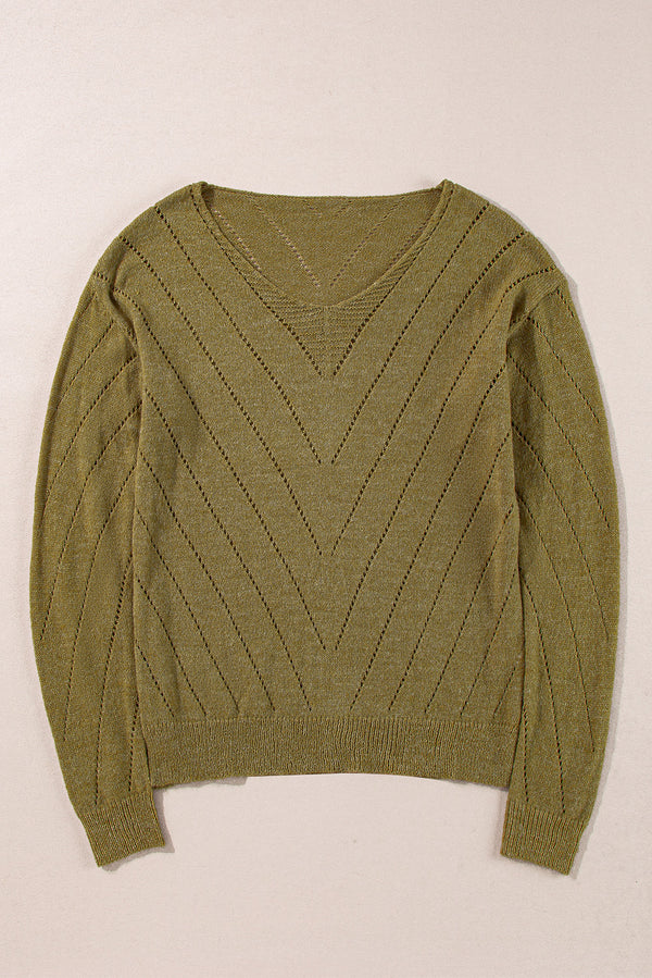 Sage Green Solid Eyelet Drop Shoulder V Neck Sweater