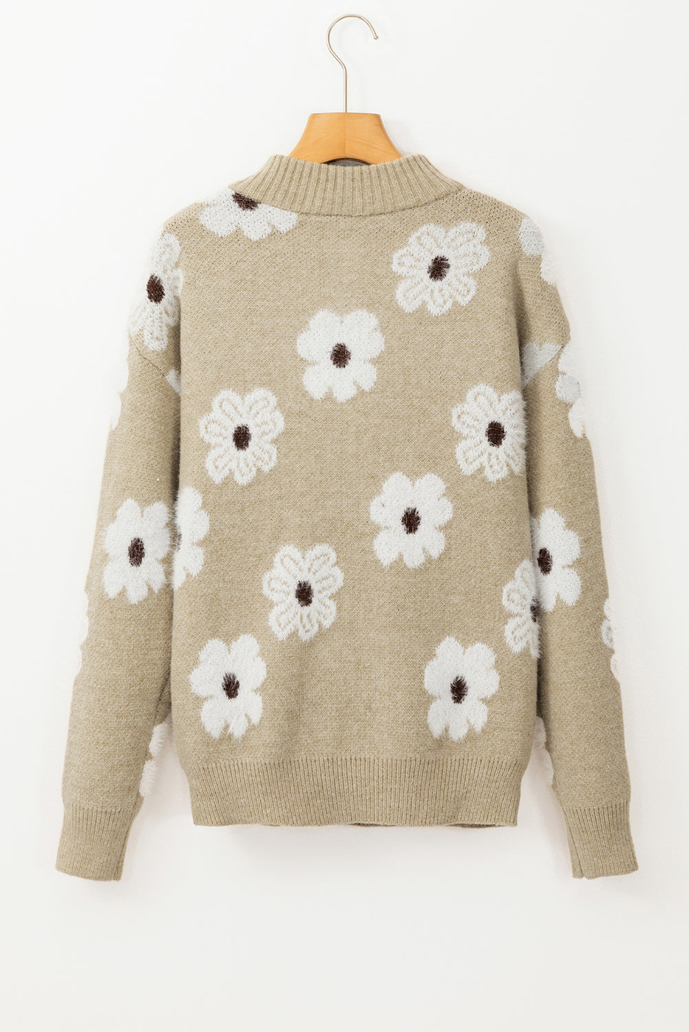 Khaki Floral Pattern Half Zip Drop Shoulder Sweater