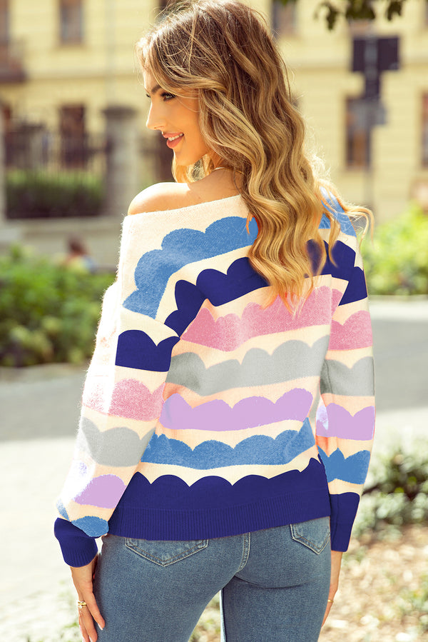 Dark Blue Wave Striped Balloon Sleeve Drop Shoulder Sweater