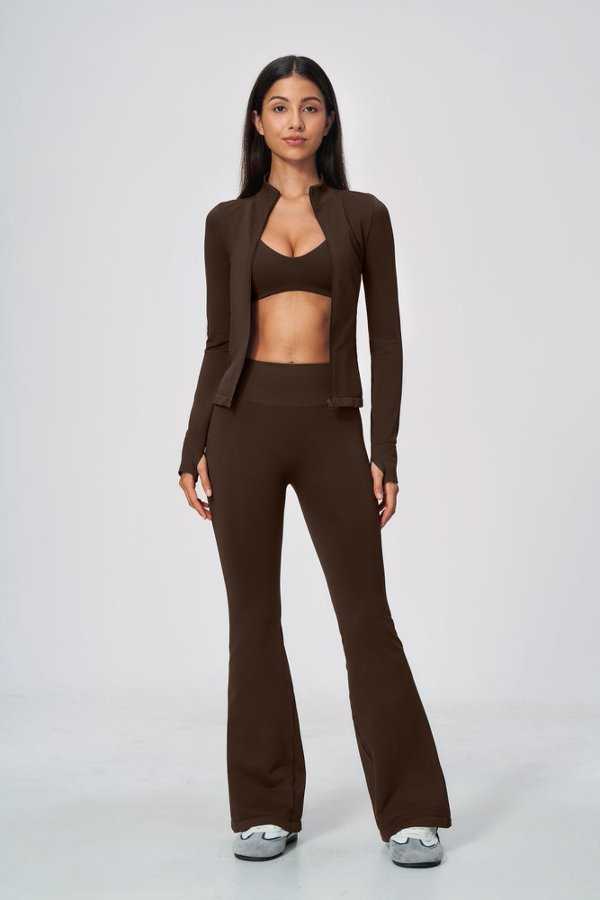 Sporty Bra& High Waisted Flare Pants with Crop Jacket Set