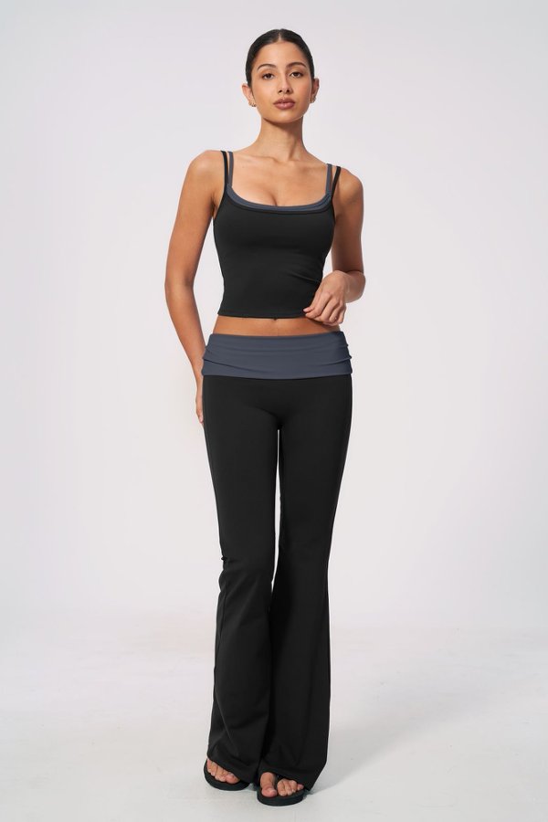 Faux Layered Neckline Top & Flared Leggings Set