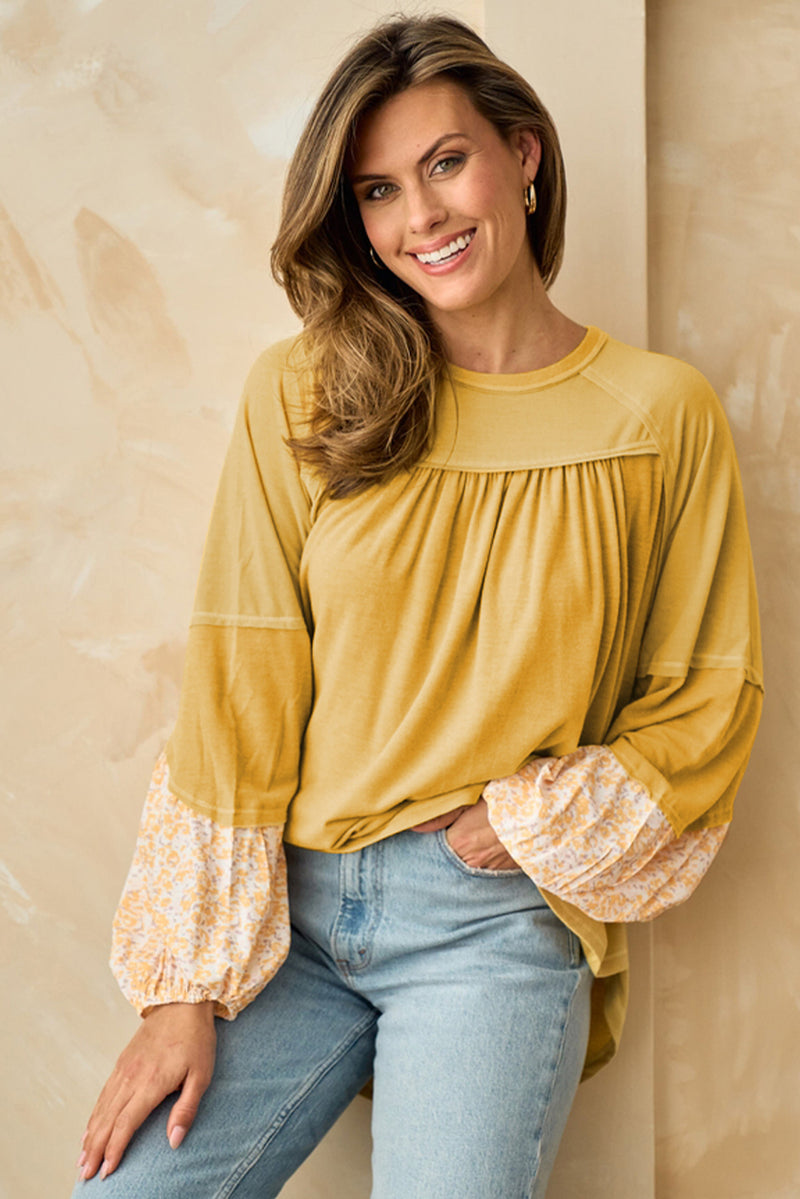 Beige Floral Colorblock Balloon Sleeve Exposed Seam Top