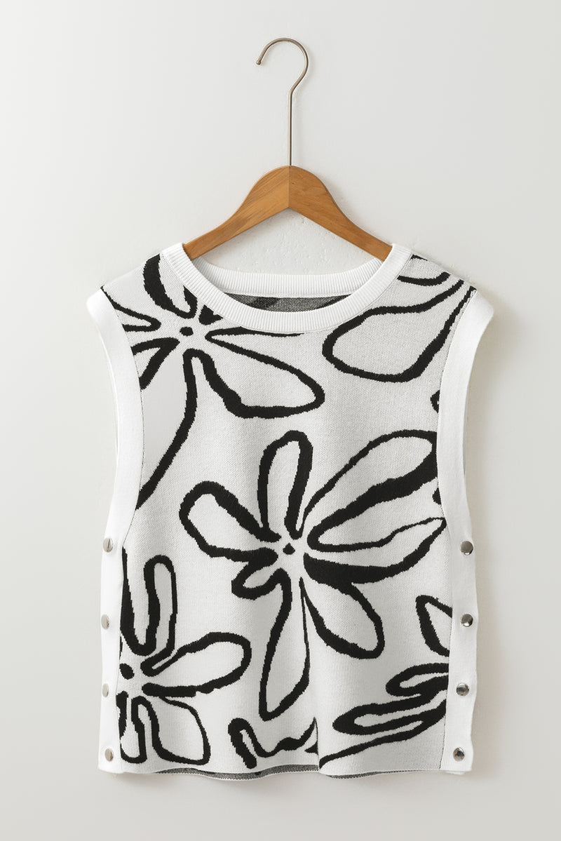 White Button Sides Sleeveless Floral Knitted Top