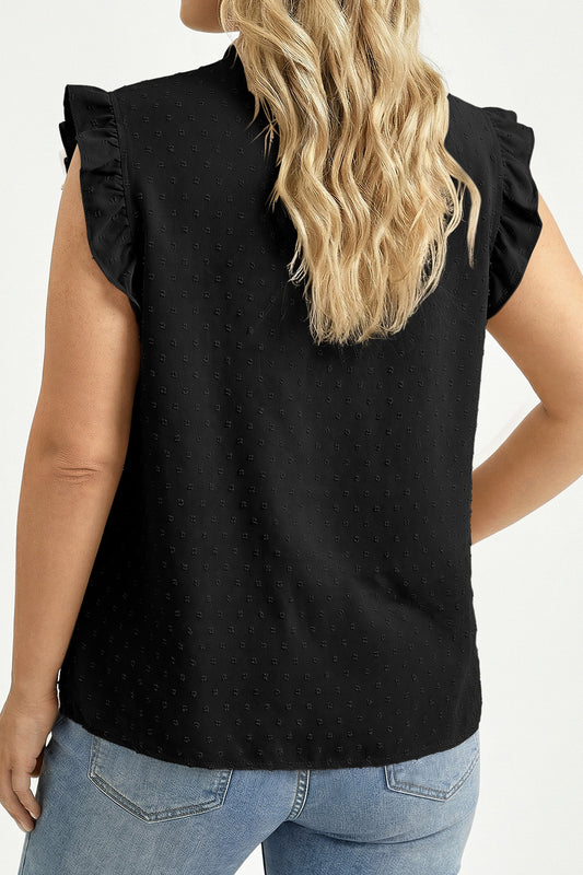 Black Plus Size Swiss Dot Ruffle Lace Trim V Neck Tank Top