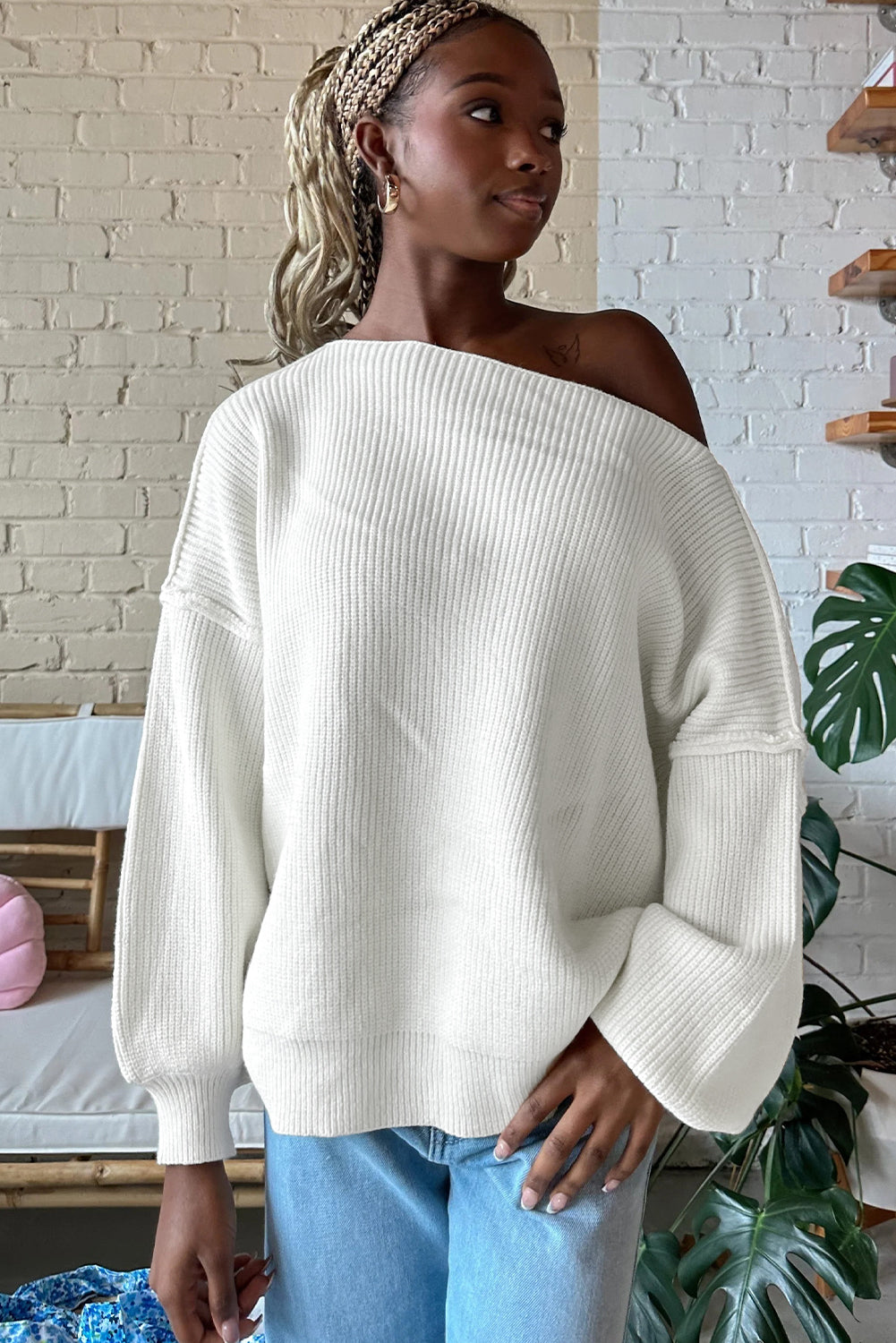 White Asymmetric Neck Drop Shoulder Baggy Slouchy Sweater