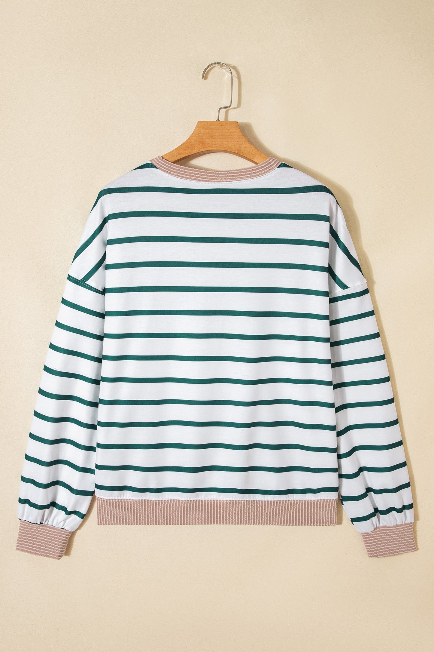 White Stripe Twisted Ribbed Patchwork Drop Shoulder Round Neck Sweatshirt