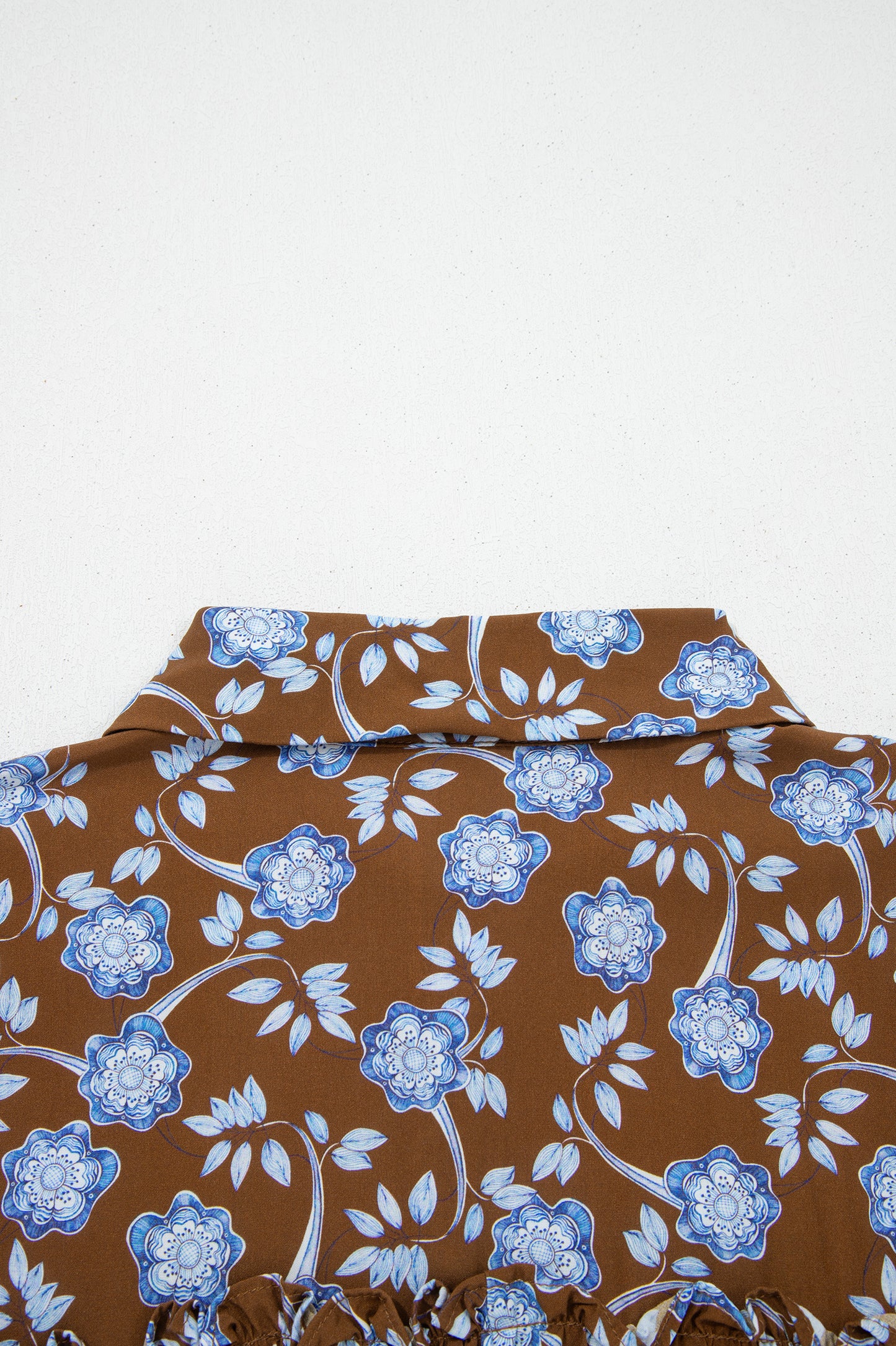 Brown Floral Print Ruffled Detail Shirt Collar Button Down Long Sleeve Dress