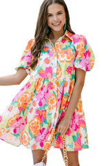 Pink Floral Puff Sleeve Collar Buttoned Babydoll Dress