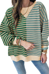 Green Stripe Casual Stripe Colorblock Drop Shoulder Oversize Sweatshirt