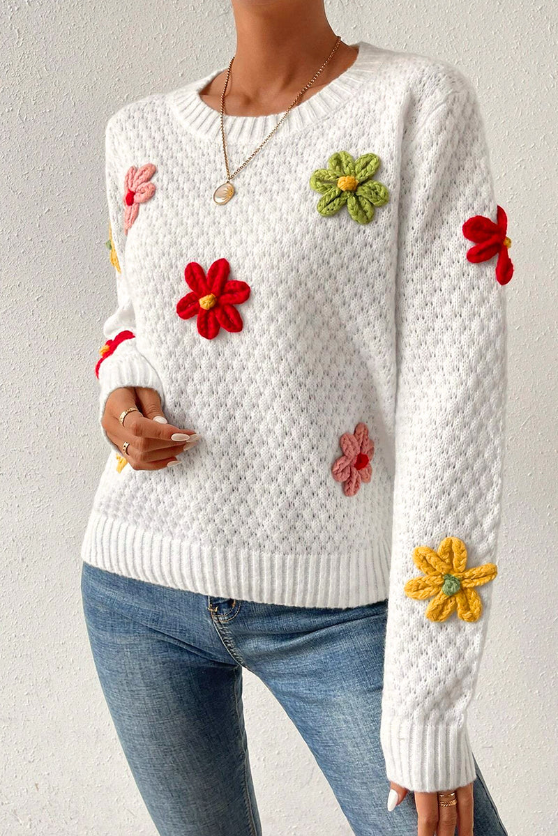 White Colorful Flower Applique Textured Knit Sweater