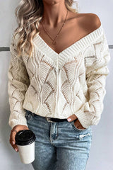 Beige Hollow Out Knit V Neck Drop Shoulder Sweater