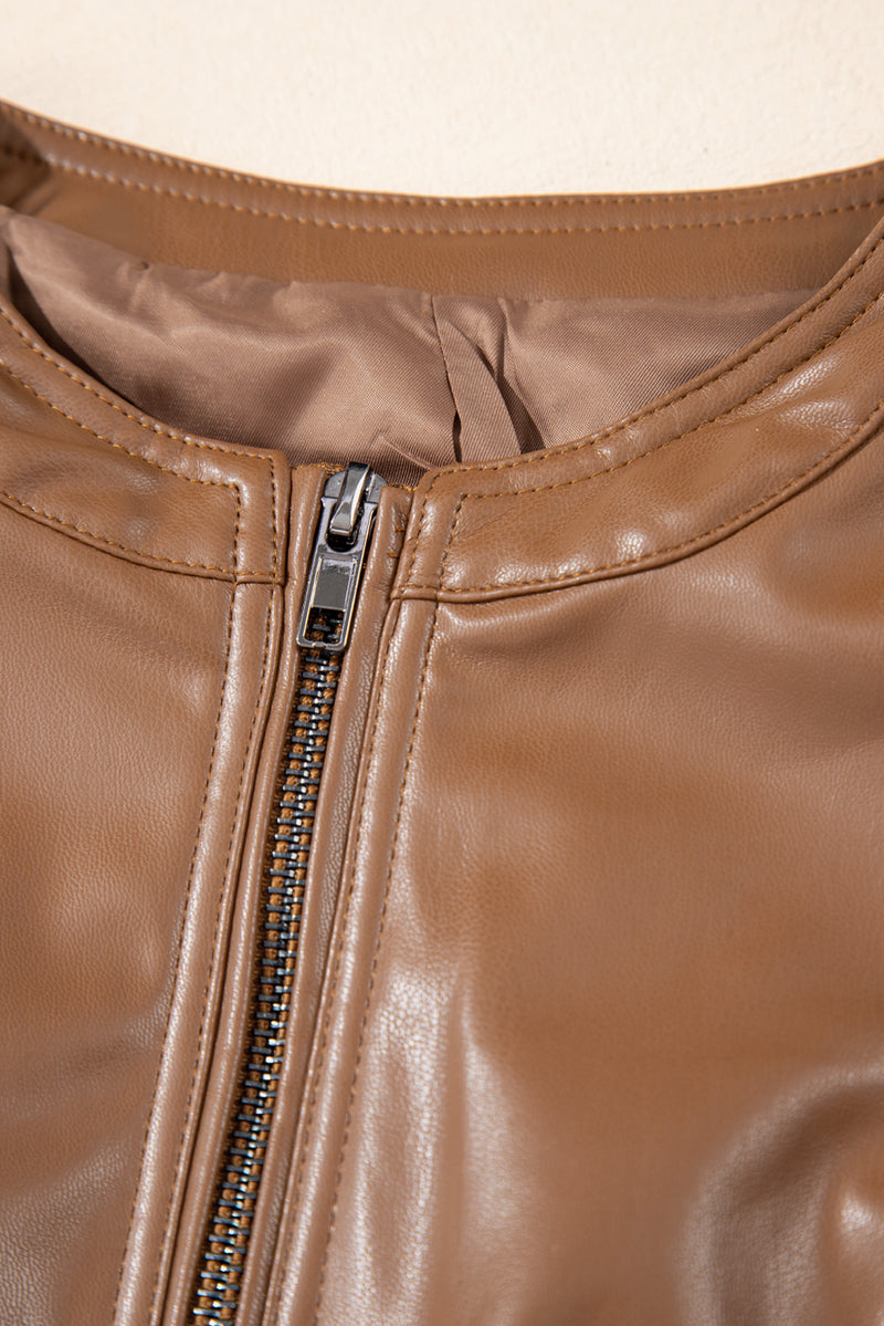 Chestnut Solid Faux Leather Zipper Slim Fit Jacket