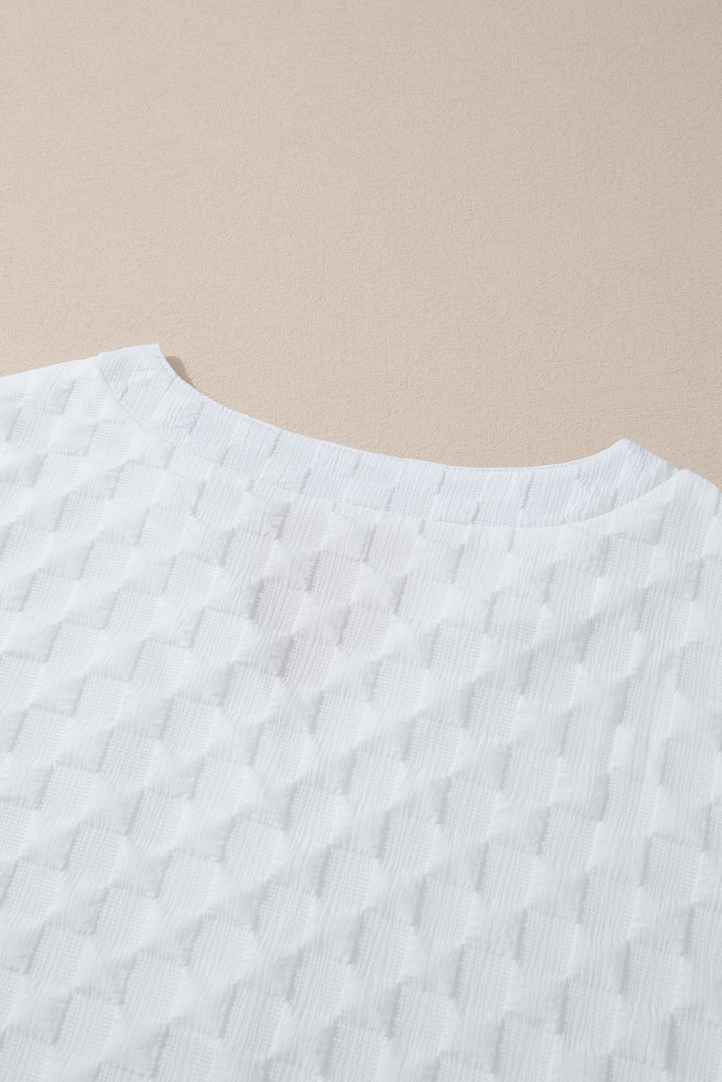White Textured Split Neck Top and Drawstring Shorts Set