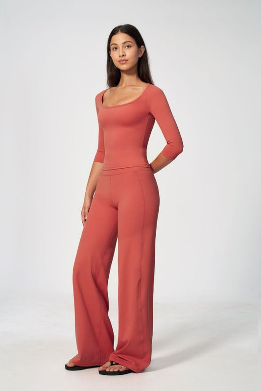 3/4 Sleeve Scoop Neck Top & High Waist Wide Leg Pants Set