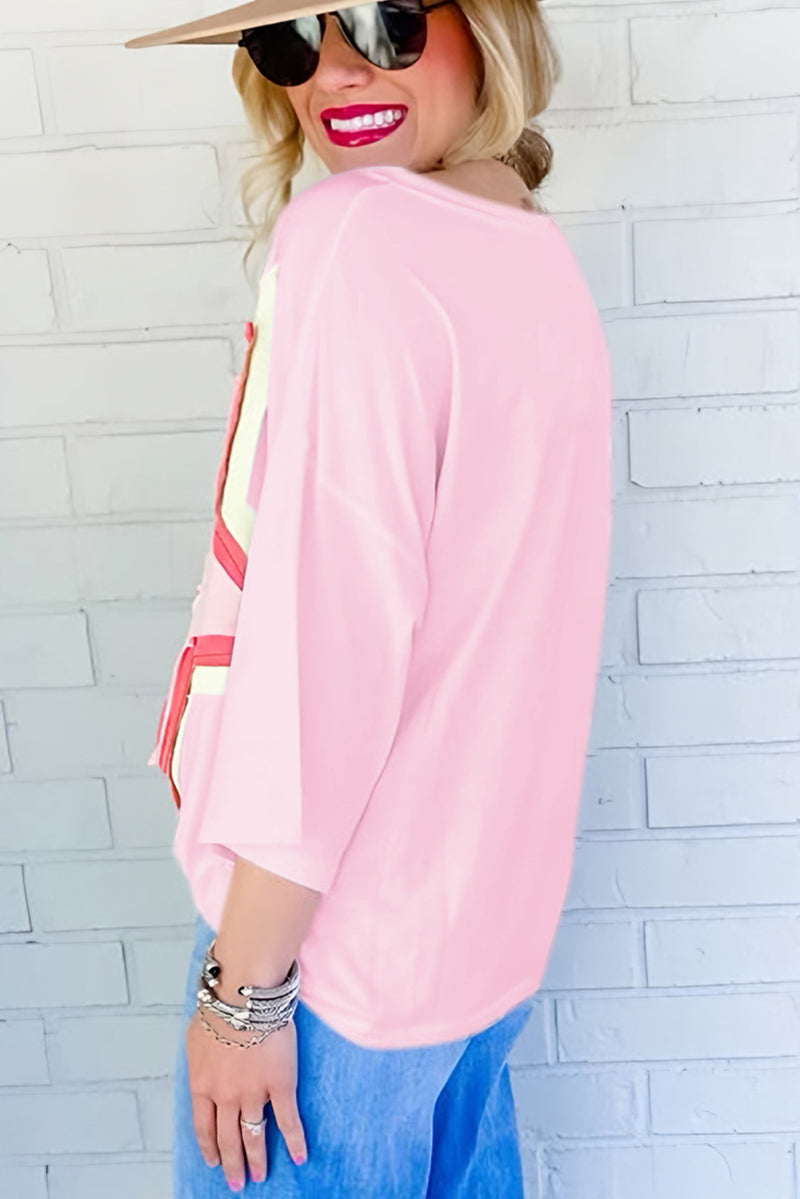 Light Pink Colorblock Star Patched Half Sleeve Oversized Tee