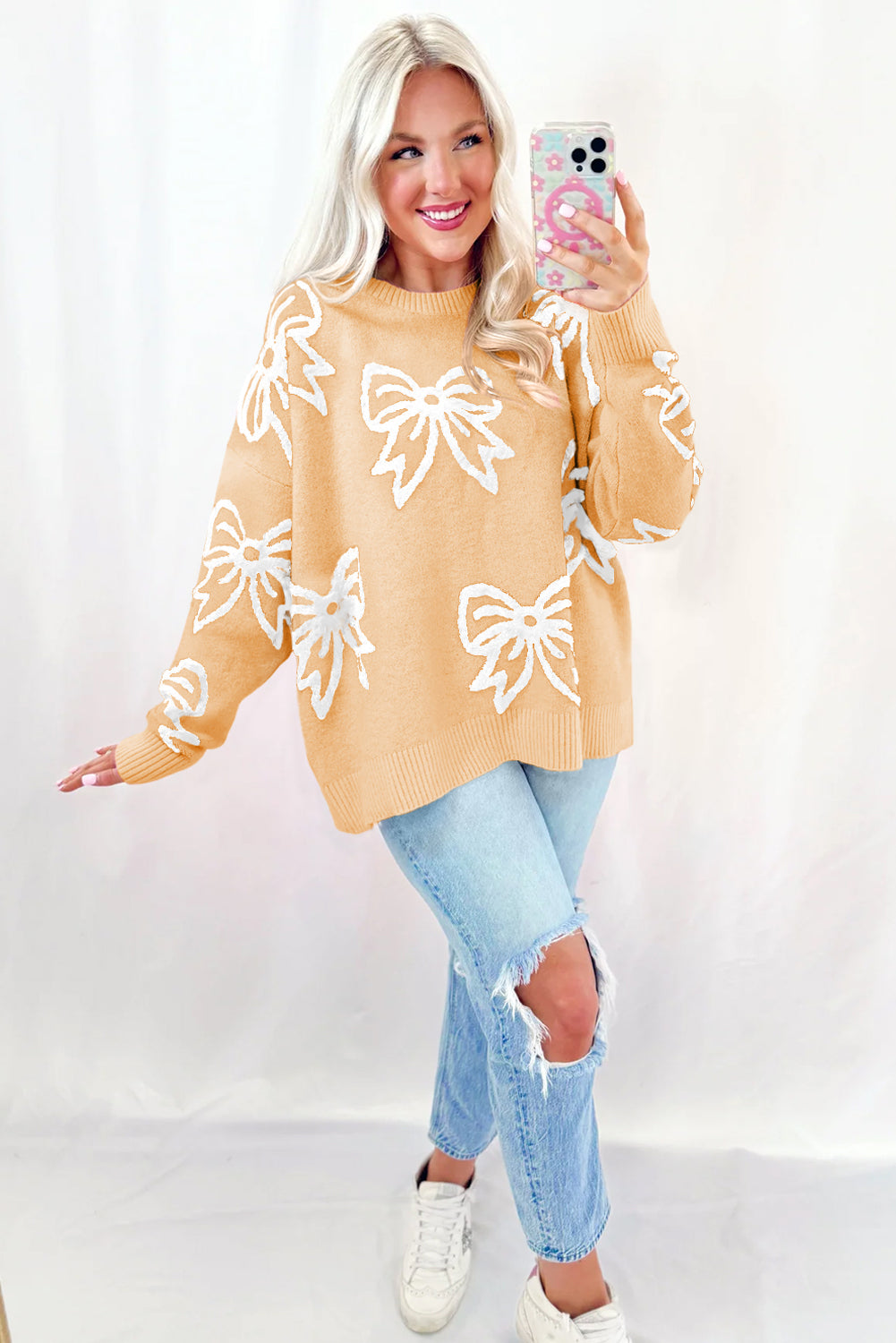 Golden Fleece Bow Pattern Drop Shoulder Loose Sweater