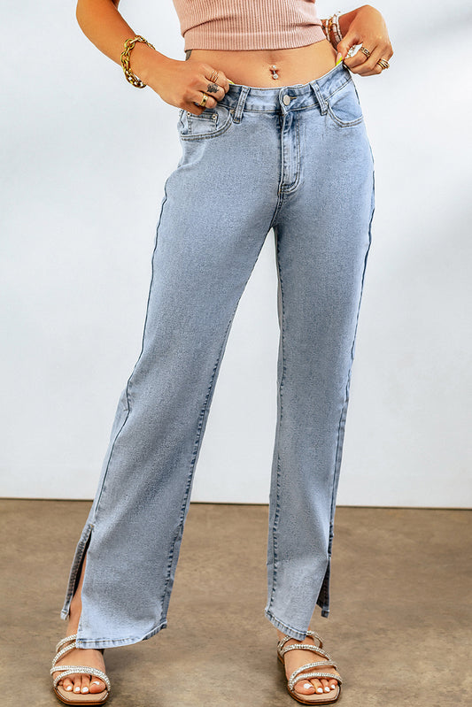 Sky Blue High Rise Slit Anklet Flare Jeans
