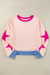 Light Pink Star Patchwork Exposed Seam Oversized Sweatshirt