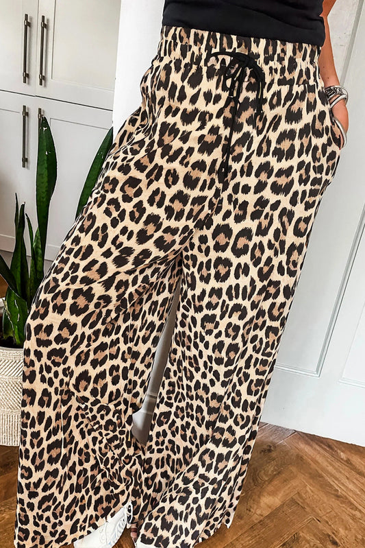 Parchment Leopard Drawstring Flowy Wide Leg Pants