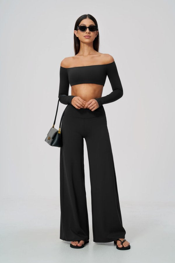 Off-Shoulder Long Sleeve Crop Top and High Waisted Wide Leg