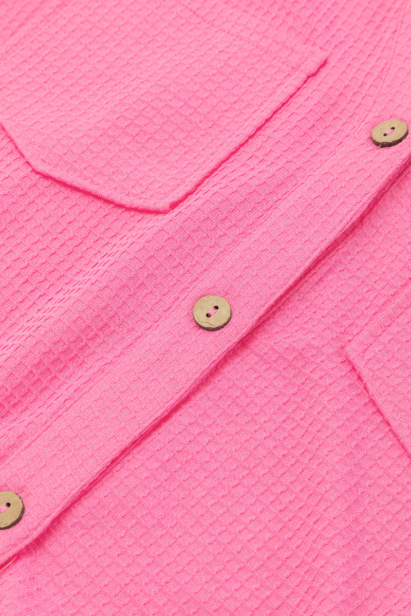 Bright Pink Textured Chest Pocket Half Sleeve Shirt Shorts Outfit