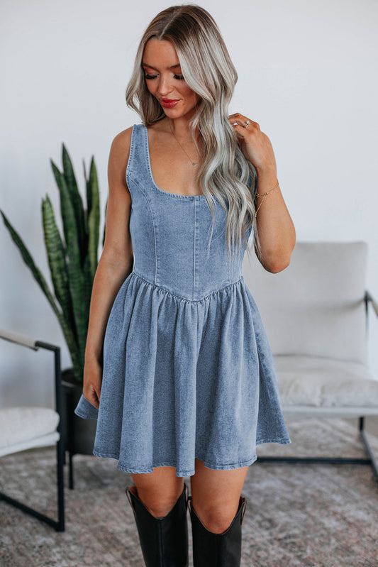 Myosotis Square Neck Bowknot A-line Sleeveless Denim Dress