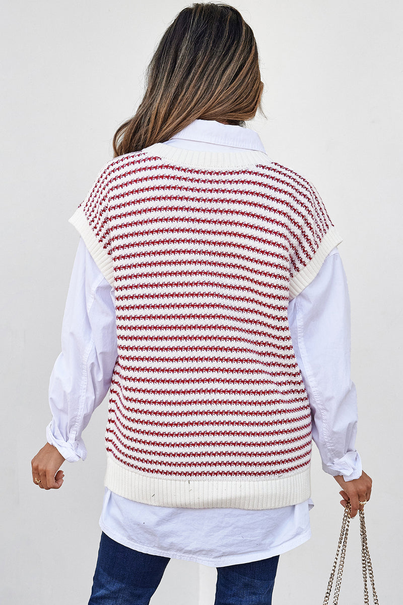 Red Stripe Ribbed Trim Loose Fit Knitted Sweater Vest