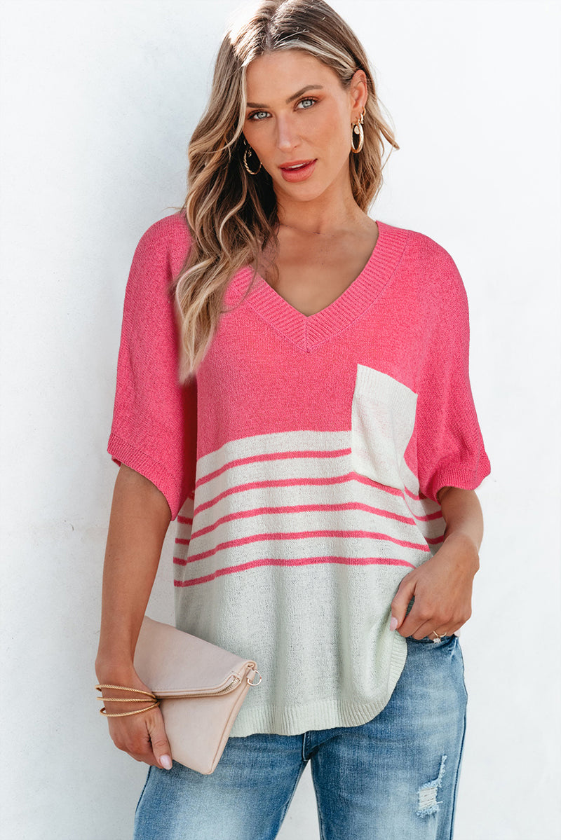 Strawberry Pink Contrast Stripes V Neck Knitted Short Sleeve Top