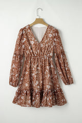 Brown Boho Floral Ruffled Puff Sleeve V Neck Mini Dress