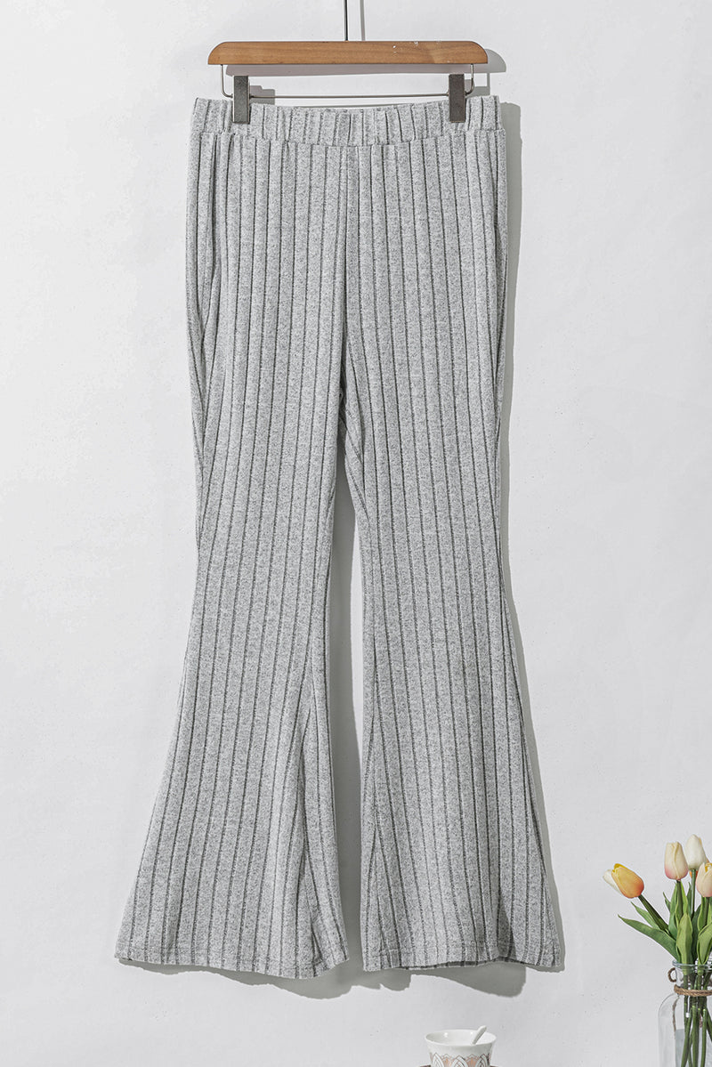 Gray Solid Color High Waist Ribbed Flare Pants