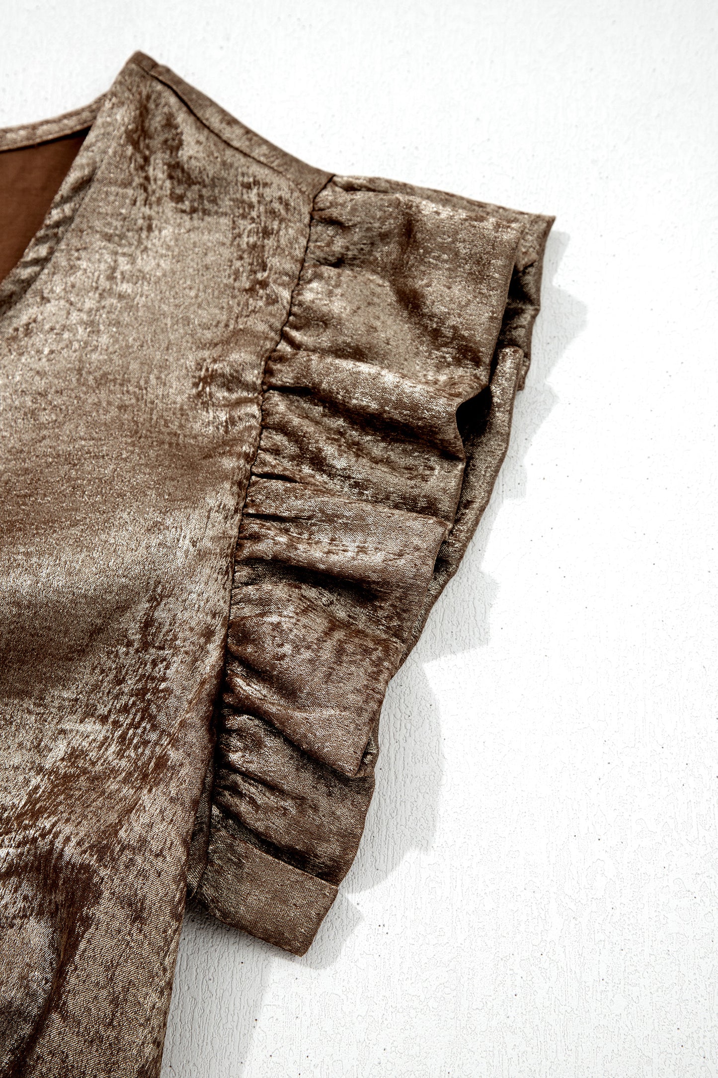 Gold Metallic Round Neck Ruffle Trim Sleeveless Top